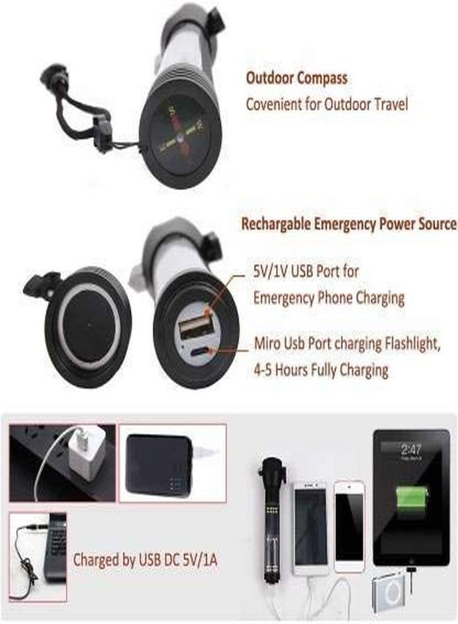 Tip&Top creation مصباح يدوي LED يعمل بالطاقة الشمسية قابل لإعادة الشحن من الألومنيوم من Tip&Top، بسبعة أوضاع إضاءة، مدى شعاع طويل، طاقة عالية، مزود بأداة أمان للطوارئ في السيارة للهروب، مطرقة لكسر النوافذ، قاطع حزام الأمان، بوصلة + كابل USB (أسود) - Image 4